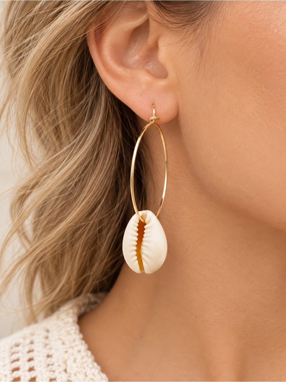 Gold Tone Cowrie Sea Shell Hoop Drop Earrings Stainless Steel